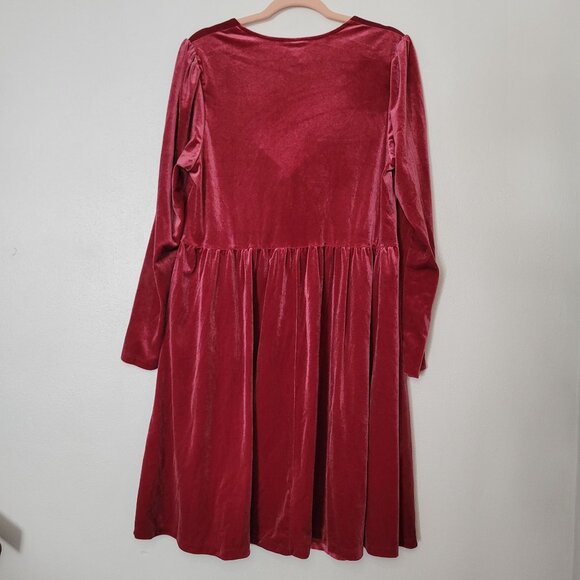 Ava & Viv Womens 1X Red Velvet Long Sleeve Dress With Rose Accent - Picture 4 of 9